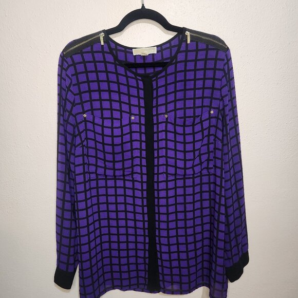 Michael Kors Sheer Purple and Black Dress Blouse with Zipper Accents Size XLarge - Picture 2 of 16